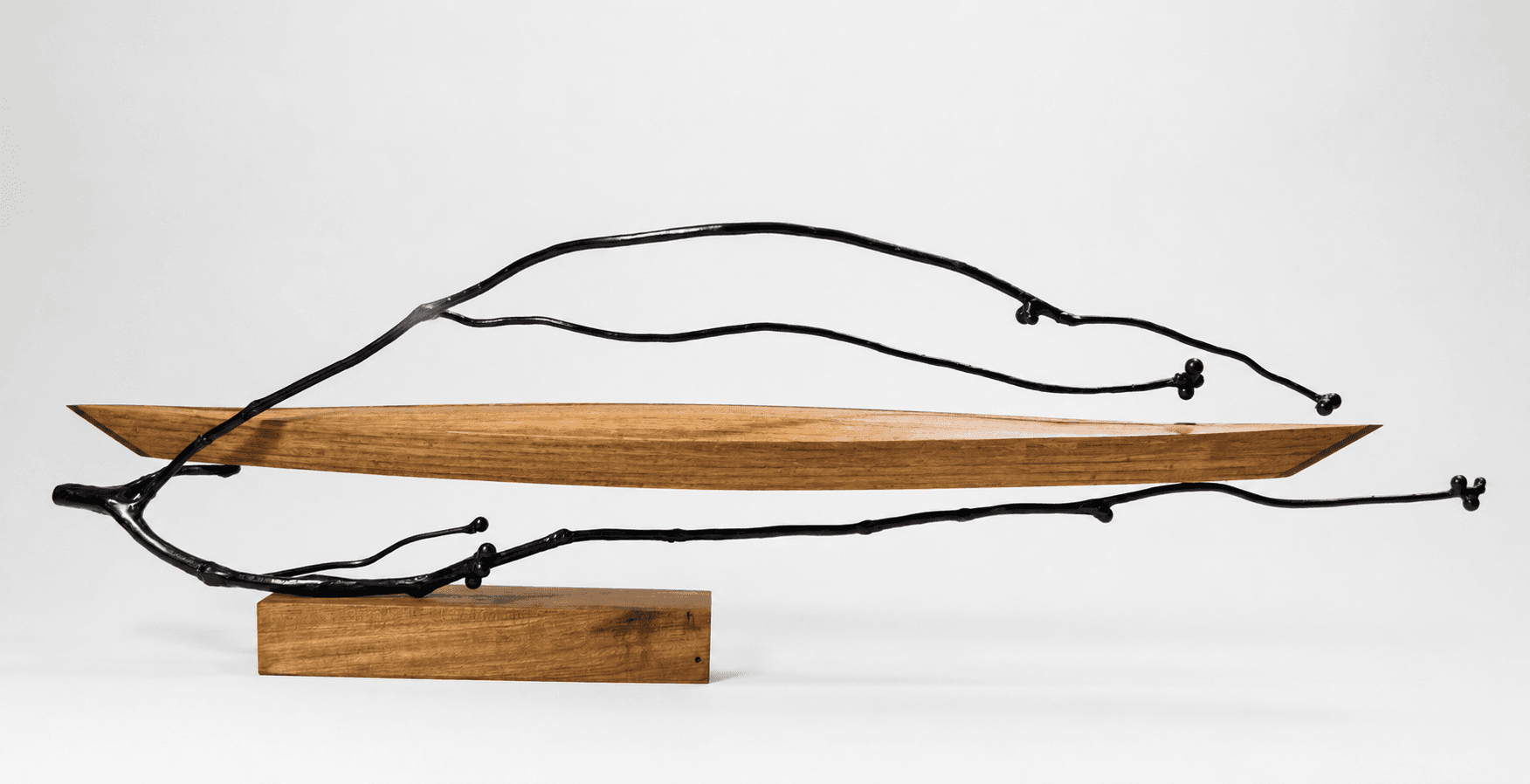 Jabuticaba, escultura horizontal de José Koropecki en madera y hierro sobre base de madera, perteneciente a la serie Simiente.
